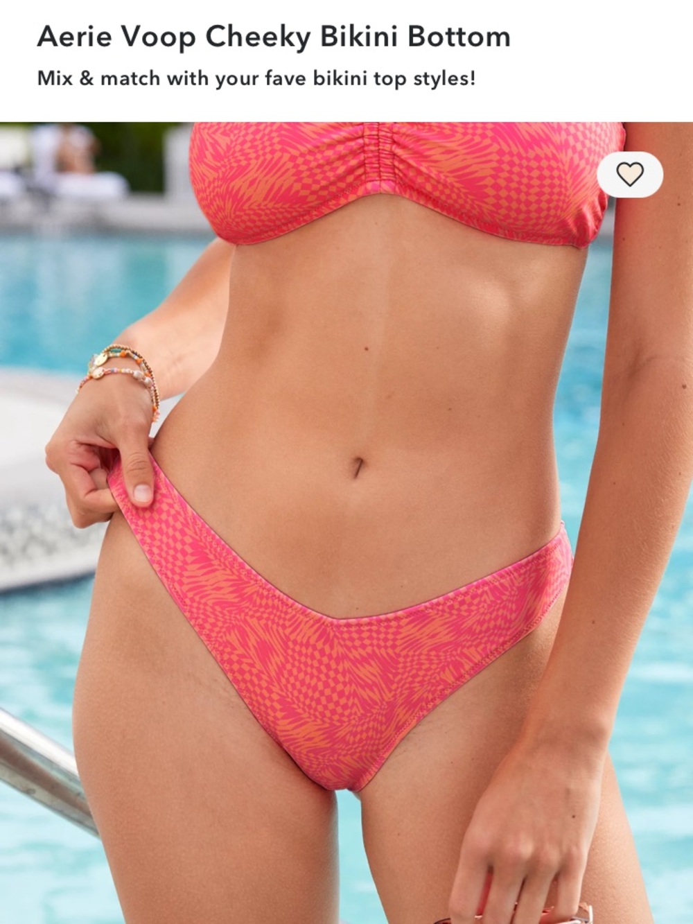 Aerie Voop Cheeky Bikini Bottom in the "Coral Sun" colorway, featuring a low-